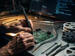 Verweerde handen die een complexe printplaat solderen op een stalen werkbank, met precisiegereedschap en componentrollen op de achtergrond.