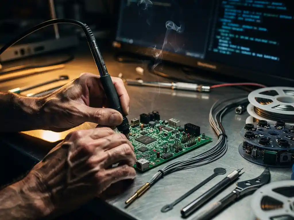Verweerde handen die een complexe printplaat solderen op een stalen werkbank, met precisiegereedschap en componentrollen op de achtergrond.