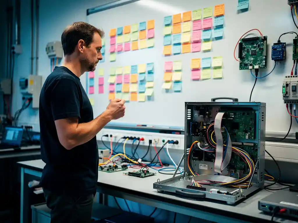 Software engineer bekijkt sprint-planbord met sticky notes naast een open embedded controller op een laboratoriumwerkbank.