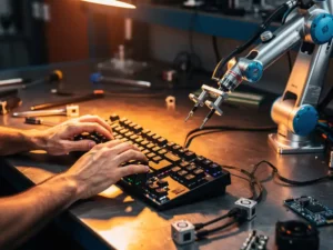 Handen van een software-engineer op mechanisch toetsenbord naast een robotarm op industriële werkbank, omgeven door kabels en sensoren.