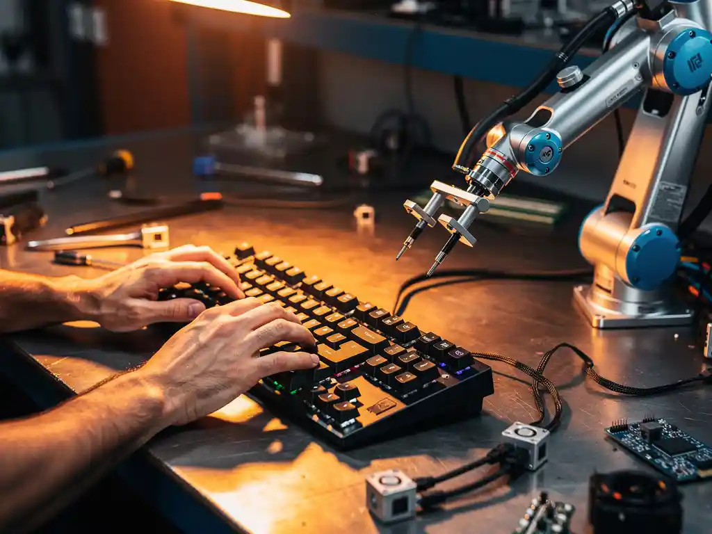 Handen van een software-engineer op mechanisch toetsenbord naast een robotarm op industriële werkbank, omgeven door kabels en sensoren.