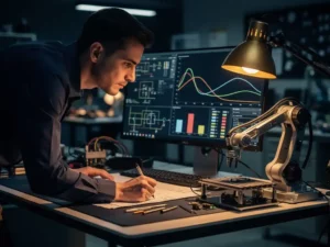 Software-engineer bestudeert technische schema's aan werkstation met robotarm, realtime machinebesturingsgrafieken op monitor en amberkleurig bureaulamp.