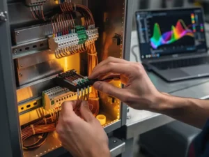 Ingenieur sluit kabelharnas aan op industriële motion controller in machinekast, laptop met sensordata op achtergrond.