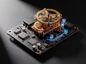 Embedded printplaat met mechanisch uurwerk, tandwielen en microchips in koper- en blauwtonige belichting op mat zwart oppervlak.