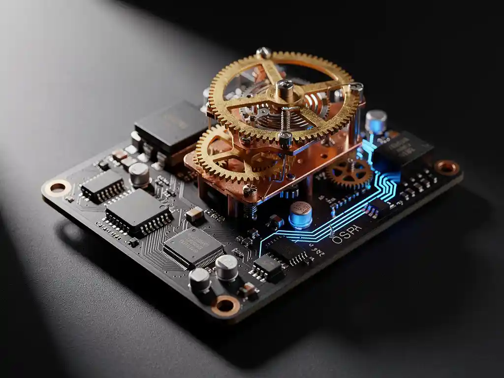 Embedded printplaat met mechanisch uurwerk, tandwielen en microchips in koper- en blauwtonige belichting op mat zwart oppervlak.