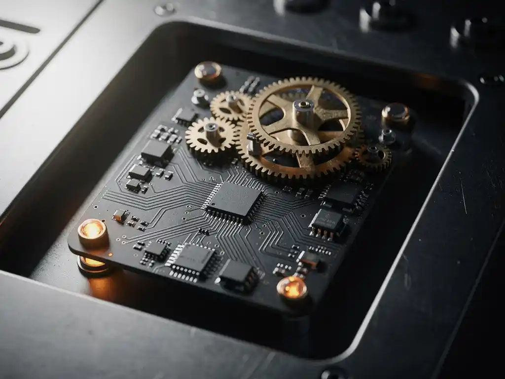 Compacte embedded printplaat met geïntegreerd mechanisch uurwerk, gemonteerd in industrieel machinepaneel met staalgrijs en amberkleurig licht.
