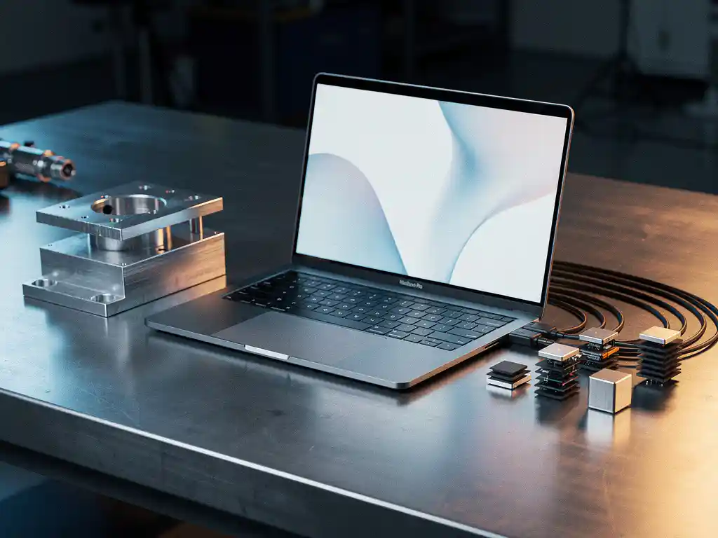Laptop op metalen werkbank naast gefreesd metaalonderdeel, verbonden via kabels met modulaire softwareblokken in staal-blauw en amber tinten.