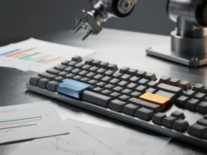 Mechanisch toetsenbord met stalen blauwe en amberkleurige toetsen op aluminium bureau met prestatiebenchmarkgrafieken en robotarm op achtergrond.