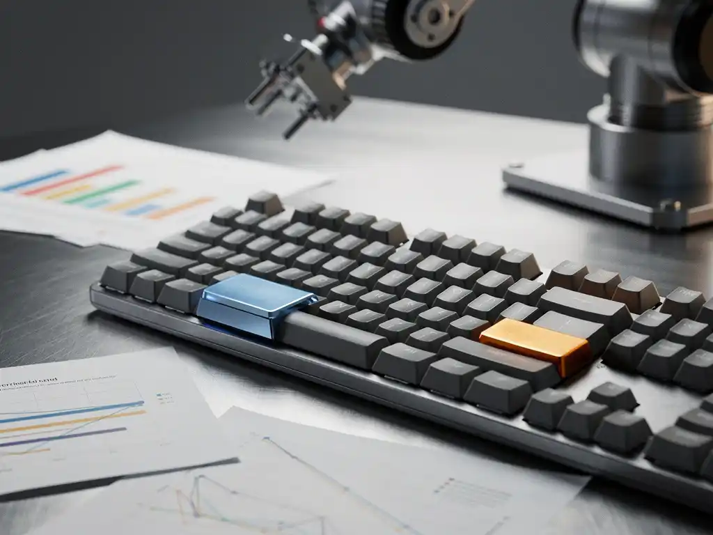 Mechanisch toetsenbord met stalen blauwe en amberkleurige toetsen op aluminium bureau met prestatiebenchmarkgrafieken en robotarm op achtergrond.