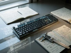 Mechanisch toetsenbord met C#-code weerspiegeld op gepolijst bureau, omringd door technische notitieboeken met formules en een schuifmaat.