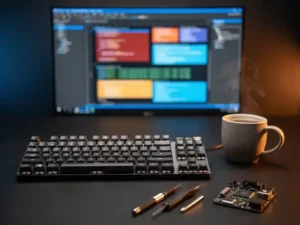 Mechanisch toetsenbord op donker bureau naast dampende koffie, met Visual Studio op monitor en printplaat op de achtergrond.