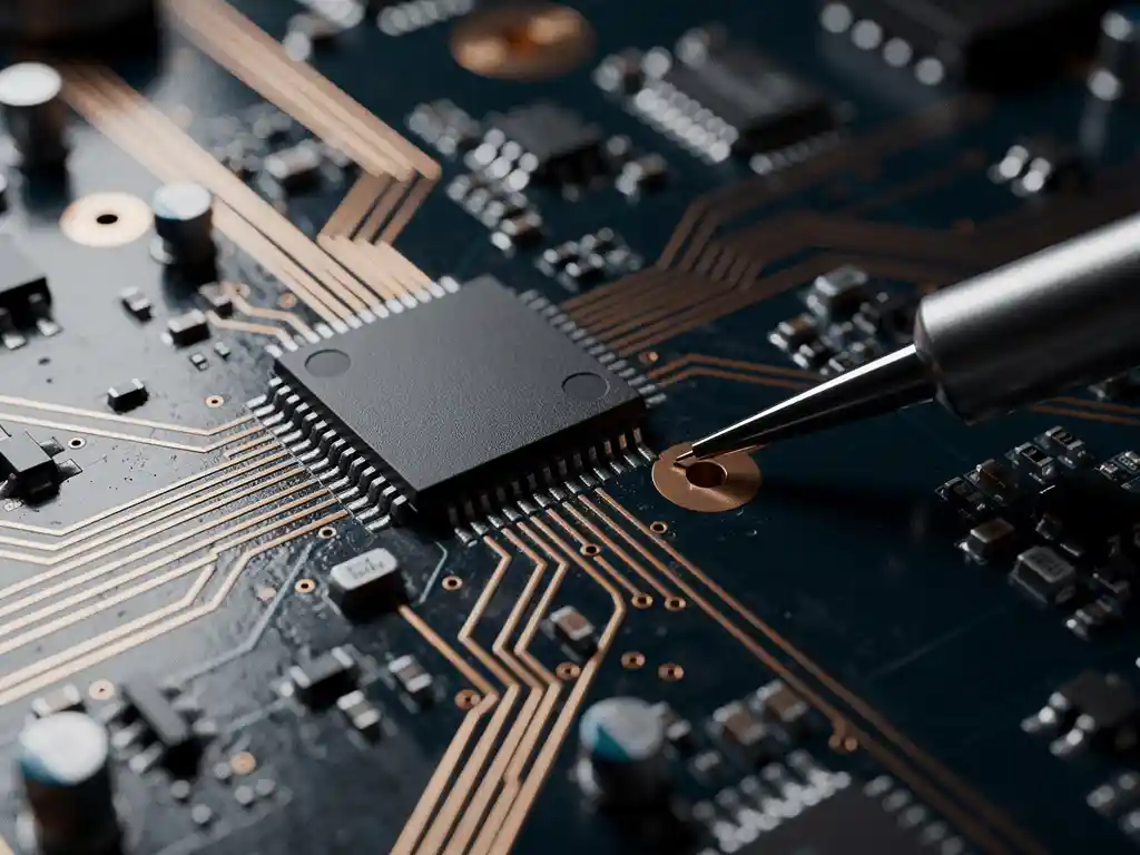 Oscilloscoopprobe op testpunt van microcontroller-PCB met koperen traces, SMD-componenten en ambertinten van soldeer.