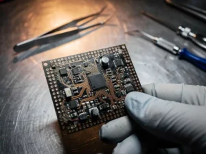 Verweerde microcontroller printplaat vastgehouden door een gehandschoende ingenieur op een stalen werkbank met precisiegereedschap.