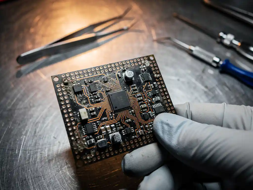 Verweerde microcontroller printplaat vastgehouden door een gehandschoende ingenieur op een stalen werkbank met precisiegereedschap.