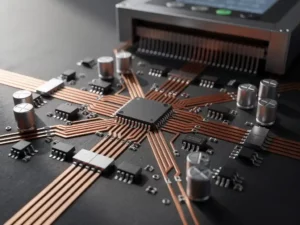 Microcontroller chip omringd door koperen printplaatsporen, gesoldeerde componenten en lintkabels op een industriële besturingseenheid.