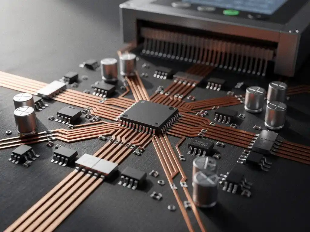 Microcontroller chip omringd door koperen printplaatsporen, gesoldeerde componenten en lintkabels op een industriële besturingseenheid.