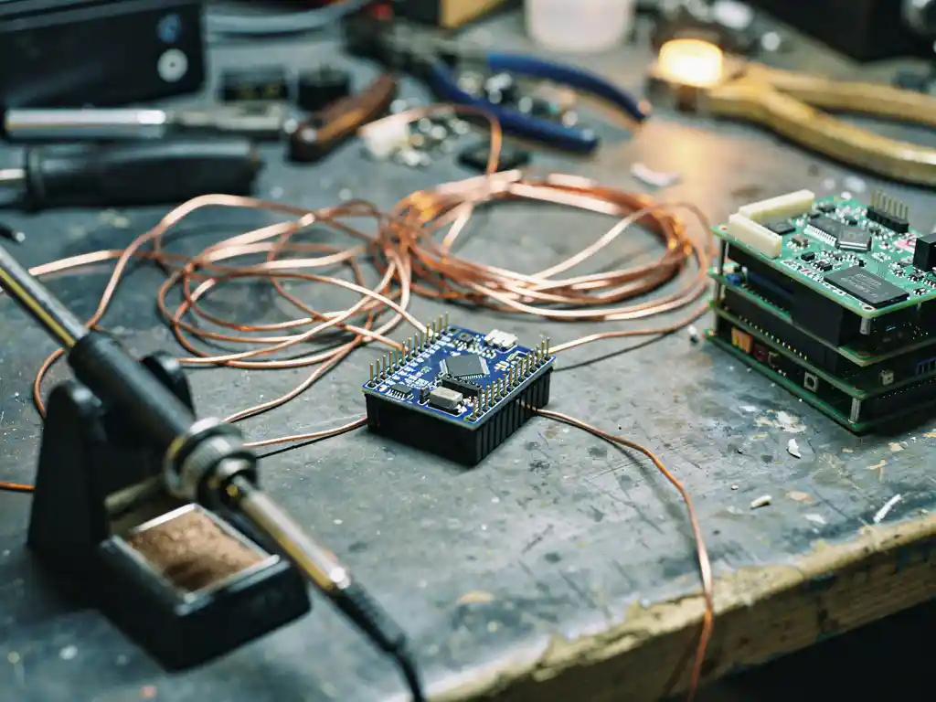 Verweerde elektronica-werkbank met microcontroller, verwarde koperen draden, soldeerbout op standaard en gestapelde printplaten.