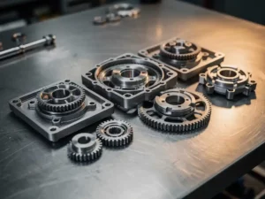 Modulaire mechanische tandwielassemblage met precisieonderdelen op gepolijste stalen werkbank, zilver en houtskoolgrijs met amberkleurige accenten.