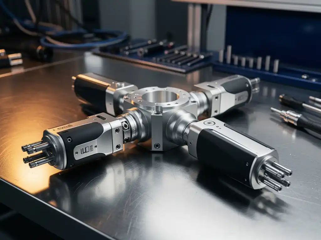 Modulaire mechanische arm met insteekcomponenten op een gepolijste stalen werkbank in een hightech technische omgeving.