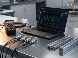 Precisie meetsysteem op gepolijste stalen werkbank met gekalibreerde sensoren, datakabels, laptop met golfvormgrafieken en digitale multimeter.