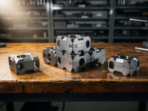 Precisie-gefabriceerde metalen componenten in modulair patroon op verweerde houten werkbank in industriële werkplaats.
