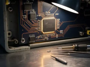 Kale printplaat in open industrieel paneel met gloeiende chip, precisiegereedschap op stalen werkblad, koper- en marineblauw tinten.