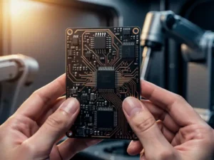 Ingenieurshanden houden een embedded printplaat met koperen circuits vast in een hightech machine-omgeving.