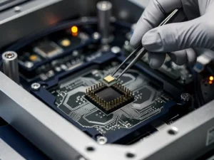 Gehandschoende ingenieur past microchip aan met pincet op printplaat in industriële machine, statusleds op achtergrond.