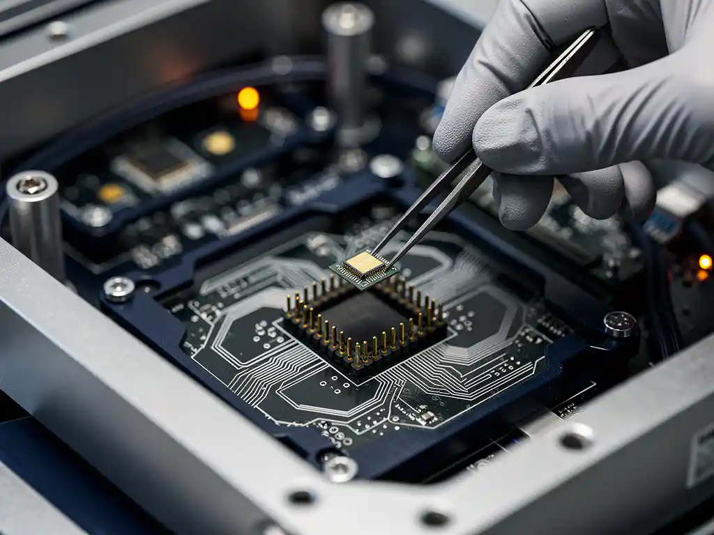 Gehandschoende ingenieur past microchip aan met pincet op printplaat in industriële machine, statusleds op achtergrond.