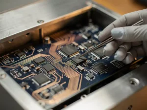 Gehandschoende ingenieur stelt component af op printplaat met kopersporen in industriële machinebehuizing.