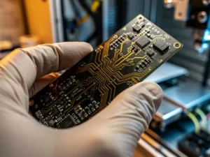 Ingenieur in handschoen houdt een embedded printplaat met koperen circuits vast in een hightech werkomgeving.