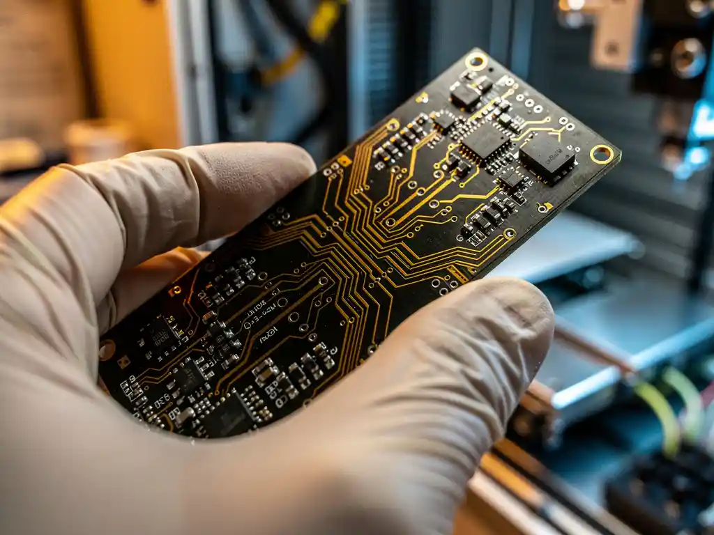 Ingenieur in handschoen houdt een embedded printplaat met koperen circuits vast in een hightech werkomgeving.