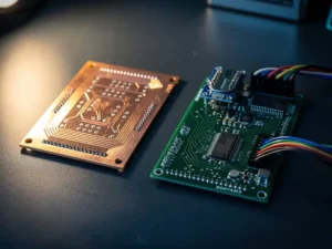 Kale printplaat met koperen sporen naast een meerlaagse PCB met realtime klokmodule op een stalen werkbank.