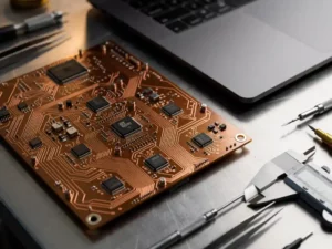 Kaal printplaat met koperen sporen en microchips naast laptop met code op stalen werkoppervlak met precisiegereedschap.