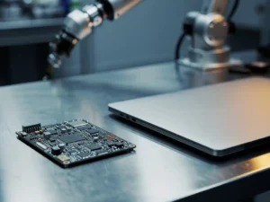 Printplaat en laptop naast elkaar op stalen werkbank, met robotarm op de achtergrond in een industriële werkplaats.