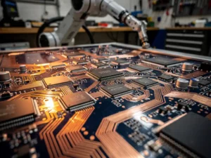Gelaagd printplaat met microchips en koperen traces op de voorgrond, robotarm zichtbaar op de achtergrond in industriële werkplaats.
