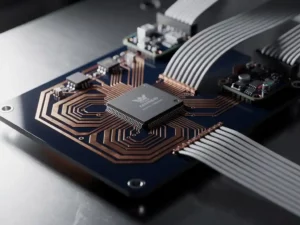 Precisie gesoldeerde printplaat met koperen traces, microcontroller chip en lintkabels op stalen werkbank in engineeringlab.