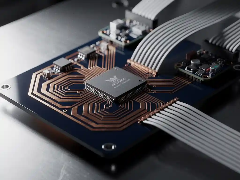 Precisie gesoldeerde printplaat met koperen traces, microcontroller chip en lintkabels op stalen werkbank in engineeringlab.
