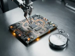 Printplaat met miniatuur mechanische arm en microcontrollers op stalen werkbank, stopwatch ernaast, industriële belichting.