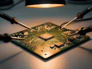 Multimeterpennen op testpunten van een groene printplaat met embedded microcontroller, verlicht door warm amberkleurig bureaulampje.