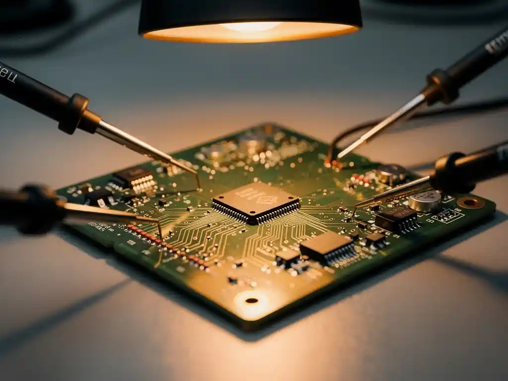 Multimeterpennen op testpunten van een groene printplaat met embedded microcontroller, verlicht door warm amberkleurig bureaulampje.