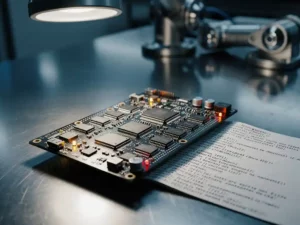 Printplaat met microcontrollers en gesoldeerde componenten op werkbank, C++-code eronder, robotarm op de achtergrond.