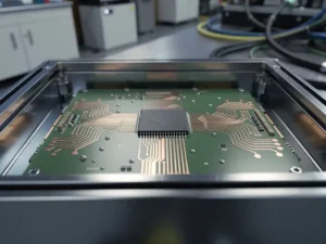 Precisie printplaat in open industrieel machinepaneel met twee koperen spoorpaden vanuit centrale microprocessor, staal-blauwe en amberkleurige tinten.
