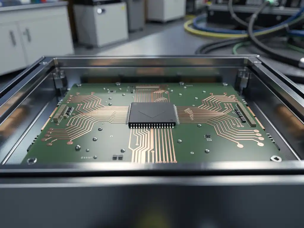 Precisie printplaat in open industrieel machinepaneel met twee koperen spoorpaden vanuit centrale microprocessor, staal-blauwe en amberkleurige tinten.
