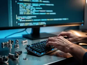 Handen van een software-engineer boven een mechanisch toetsenbord op stalen bureau, monitor met C#-querysyntax op de achtergrond.