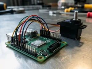 Raspberry Pi-printplaat verbonden met sensorkabels en een servomotor op een metalen werkbank, verlicht met warm natuurlijk licht.