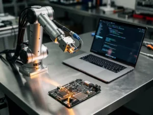 Robotarm in assemblage op roestvrijstalen werkbank met printplaat, laptop met motion control-code en mechanische actuator, Eindhovens industrieel atelier.
