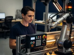 Software-engineer bestudeert een robotarm-bedieningspaneel in een hightech industriële faciliteit met kabels en gloeiende statusindicatoren.
