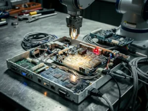 Robotarm in beweging boven open besturingseenheid met sensorkabels en embedded hardware op stalen werkbank.