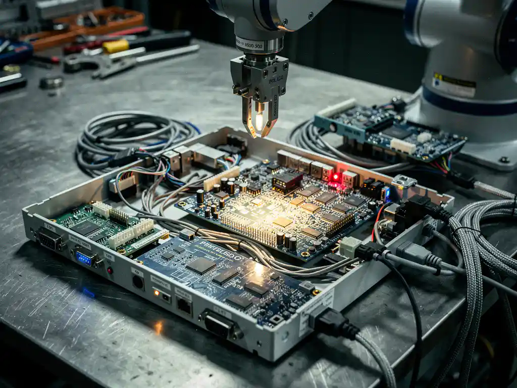 Robotarm in beweging boven open besturingseenheid met sensorkabels en embedded hardware op stalen werkbank.